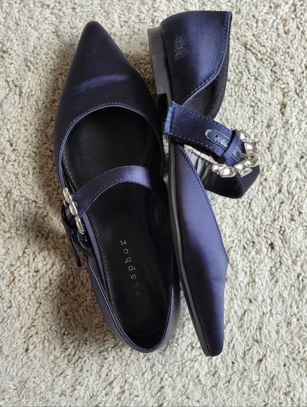 A Lovely Navy Satin Mary Jane With Pointed Toes And Jewelry